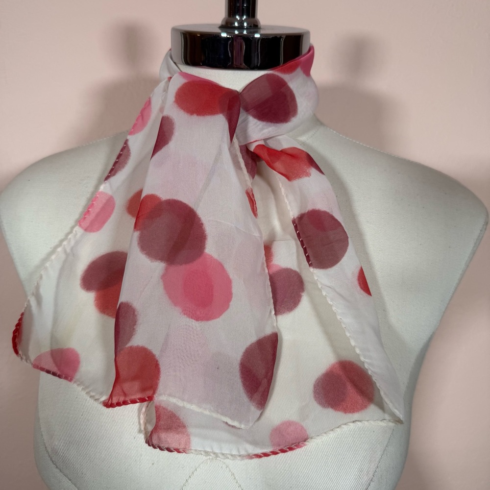 Vintage Art deco red pink polka dotted semi sheer Bow neck scarf